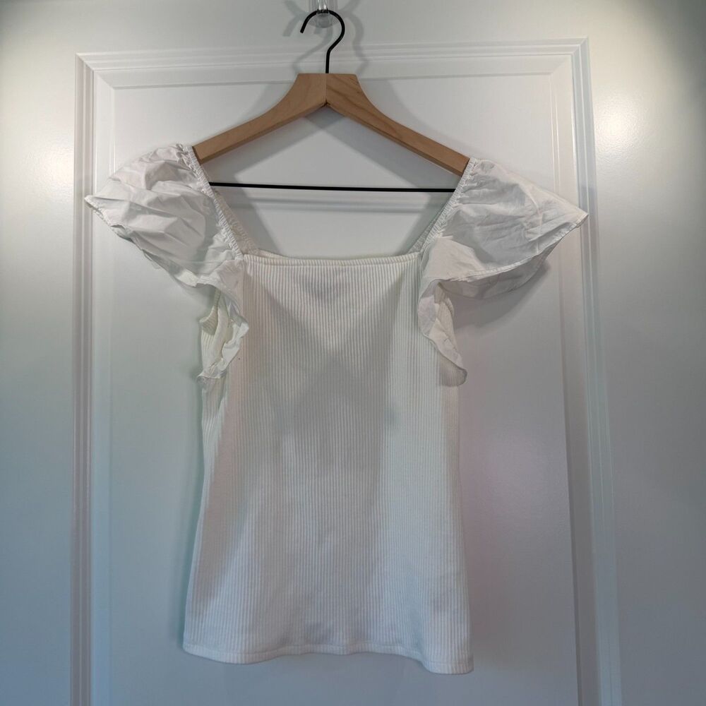 A New Day White Ribbed Ruffle Flutter Sleeve Top S